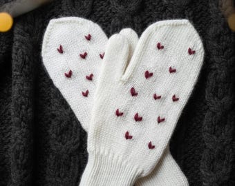 Handmade Merino Wool Mittens: Embroidered Hearts Crochet Gloves