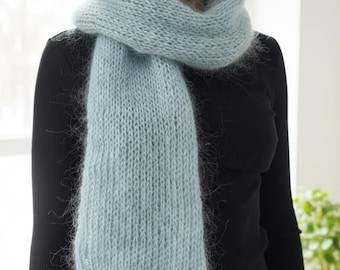 Mohair Blend Scarf: Light Blue Knit Wrap, Cozy Stole