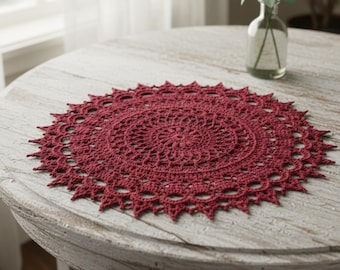 Crochet Lace Doily - Berry Magenta Cotton, 13" Victorian Table Topper