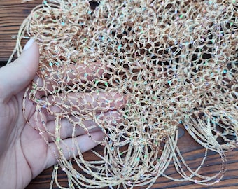 Gold Mesh Triangle Shawl – Handmade Crochet Fringe Scarf, Boho Head Wrap or Beach Cover-Up