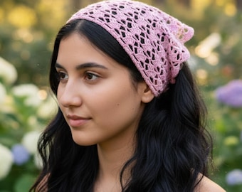 Crochet Cotton Bandana - Handmade Lace Hair Scarf, Boho Headwrap