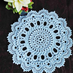 Handmade Light Blue Crochet Doily: Vintage Lace Table Mat, 10.2&quot; Round