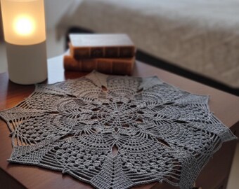 Handmade Crochet Doily, Gray Cotton Lace, Farmhouse Table Centerpiece