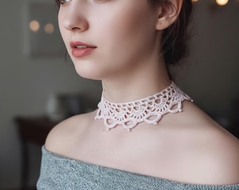 Handmade Crochet Lace Choker, Blush Pink Victorian Necklace