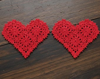 Crochet Heart Coasters Set of 2, Handmade Red Heart Doilies, Valentine’s Day Decor, Cotton Crochet Coasters, Romantic Table Decor