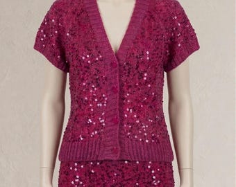 Sparkly Crochet Set, Burgundy Sequin Skirt Suit, Handmade Two Piece Outfit, Crochet Top and Skirt, Elegant Party Outfit, Knit Set