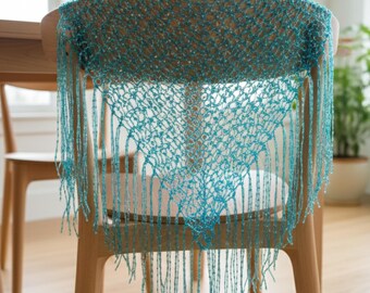 Handmade Blue Sequin Shawl: Crochet Triangle Scarf with Fringe