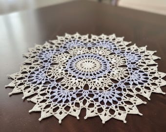 Handmade Crochet Doily - 13.8" Beige & Lavender Mandala Lace
