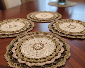 Handmade Crochet Doily Set – Beige & Olive, Rustic Cotton Napkins