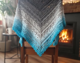 Crochet Alpaca Blend Triangle Shawl: Gradient Gray to Turquoise