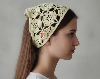 Handmade Crochet Lace Bandana, Boho Cotton Head Scarf