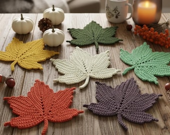 Crochet Maple Leaf Coasters: Autumn Table Decor, Set of 6