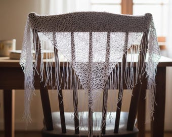 Handmade Silver Triangle Shawl – Mesh Crochet Fringe, Party Wrap