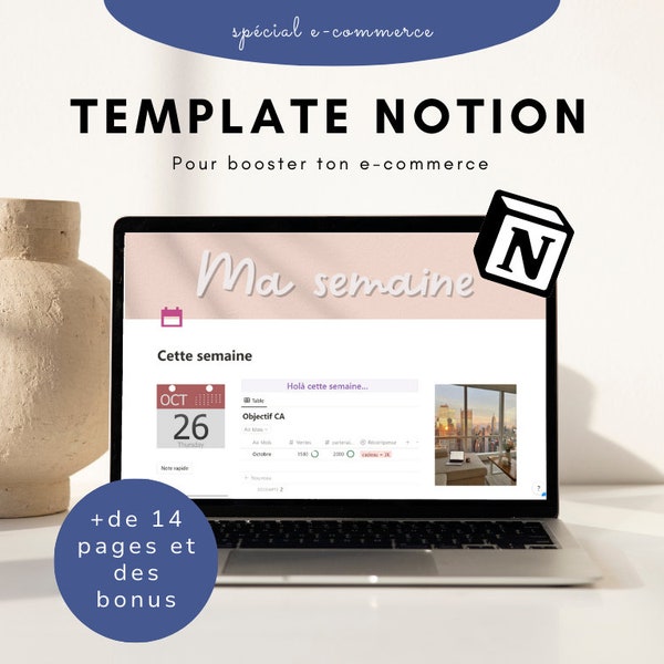 Template notion français e-commerce et small business - Tableau de bord Notion, modèle tout-en-un Notion, agenda Notion, modèle modifiable