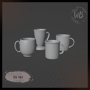 1:6 Maßstab. Set von Tassen, vier Designs Puppenhaus Miniatur STL Herunterladbare Datei für 3D-Druck