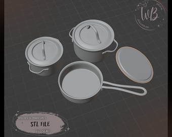1:6 Cook Pots  Dollhouse Miniature. Set of pans - STL Downloadable File for 3D Printing