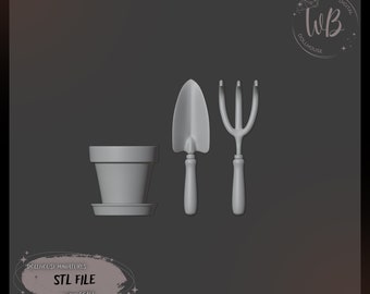 1:6 scale. A set of gardening tools for a dollhouse. Rake, Shovel, Flower Pot. Miniature garden tool. STL Downloadable File for 3D Printing