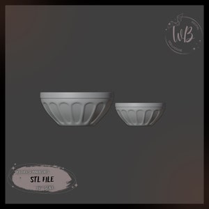 May include: Two white ceramic bowls, one larger than the other, with a fluted design. The bowls are on a gray background. STL FILE 1:6 SCALE.