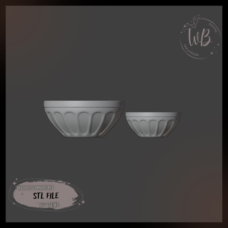 May include: Two white ceramic bowls, one larger than the other, with a fluted design. The bowls are on a gray background. STL FILE 1:6 SCALE.