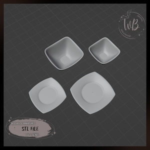 1:6 scale.A Set of Square Dishes for a Dollhouse. Plates and a Salad Bowl for Dolls. STL Downloadable File for 3D Printing