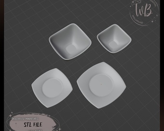 1:6 scale.A Set of Square Dishes for a Dollhouse. STL Downloadable File for 3D Printing