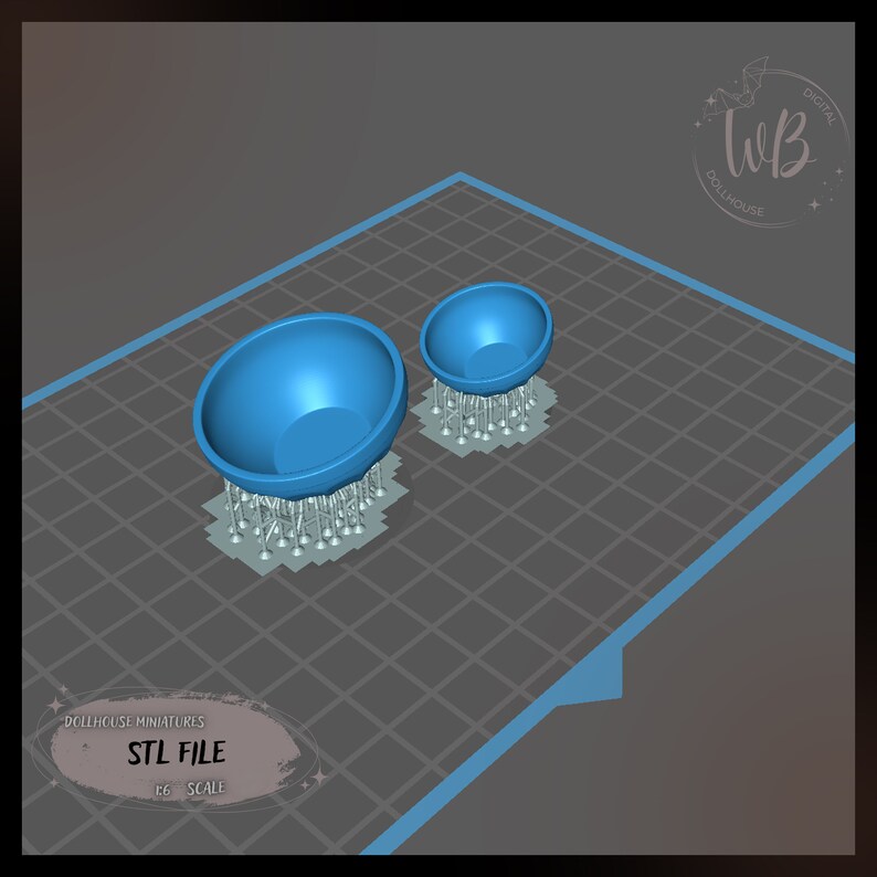 May include: Two blue ceramic bowls with a textured base, designed for dollhouse miniatures. The bowls are on a gray grid background. The text "STL FILE 1:6 SCALE" is visible in the image.