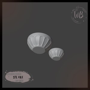 May include: Two white ceramic bowls, one larger than the other, with a fluted design. The bowls are 1:12 scale and are suitable for dollhouse use. STL file.