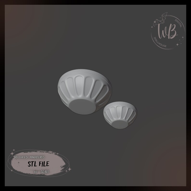 May include: Two white ceramic bowls, one larger than the other, with a fluted design. The bowls are 1:12 scale and are suitable for dollhouse use. STL file.
