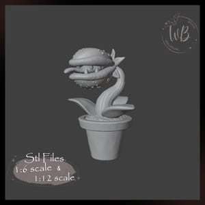 May include: A 3D-rendered model of a Venus flytrap plant in a pot. The plant has a large, toothed head and is in a gray color. The text "Stl Files 1:6 scale & 1:12 scale" is in the lower left corner.