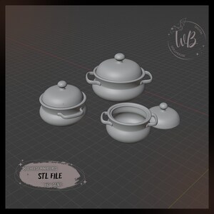 May include: Three gray ceramic pots with lids, two with lids on and one with the lid off. The pots are arranged on a gray grid background. The text "STL FILE 1:6 SCALE" is visible in the lower left corner of the image.