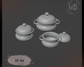 1:6 Set of Pans  Dollhouse Miniature. Figured Pans - STL Downloadable File for 3D Printing