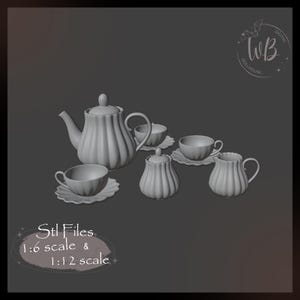 1:6 skala, 1/12 skala Tee-Set für Puppenhaus.Teekanne,Tasse,Milchkännchen,Zuckerdose,Untertasse. STL Herunterladbare Datei für 3D-Druck