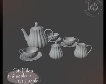 1:6 scale, 1/12 scale Tea Set for Dollhouse.Teapot, Cup, Milk Jug, Sugar Bowl, Saucer. STL Downloadable File for 3D Printing