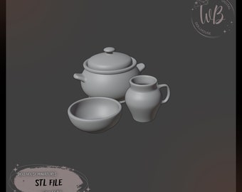 1:6 scale. Miniature dishes in ethnic style. Pan, Bowl, Dishes for Sour Cream for the Dollhouse. STL Downloadable File for 3D Printing