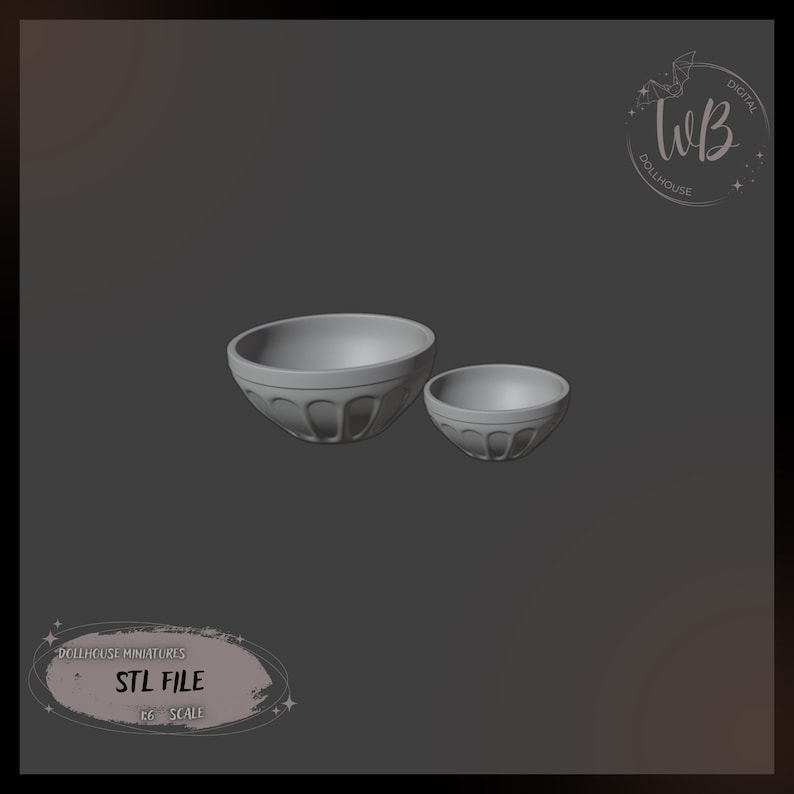 May include: Two gray ceramic bowls, one larger than the other, with a textured, fluted design. The bowls are on a gray background. STL FILE 1:6 SCALE.