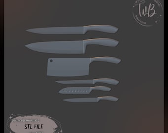 1:6 Scale Dollhouse Knives, Miniature Kitchenware (STL File)