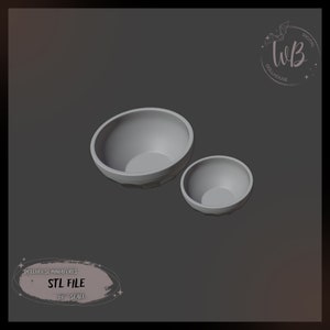 May include: Two gray ceramic bowls, one larger than the other, are shown on a gray background. The bowls are both round and have a slightly textured surface. The image includes the text "STL FILE" and "1:6 SCALE".
