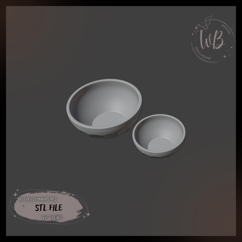 May include: Two gray ceramic bowls, one larger than the other, are shown on a gray background. The bowls are both round and have a slightly textured surface. The image includes the text "STL FILE" and "1:6 SCALE".