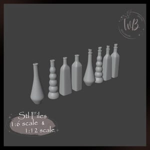 1/12 і 1:6 Scale Decorative Bottles – Miniature for Dollhouse, STL File Instant Download