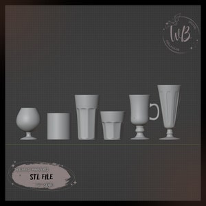 1:6 scale. Set of Glasses Dollhouse Miniature STL Downloadable File for 3D Printing