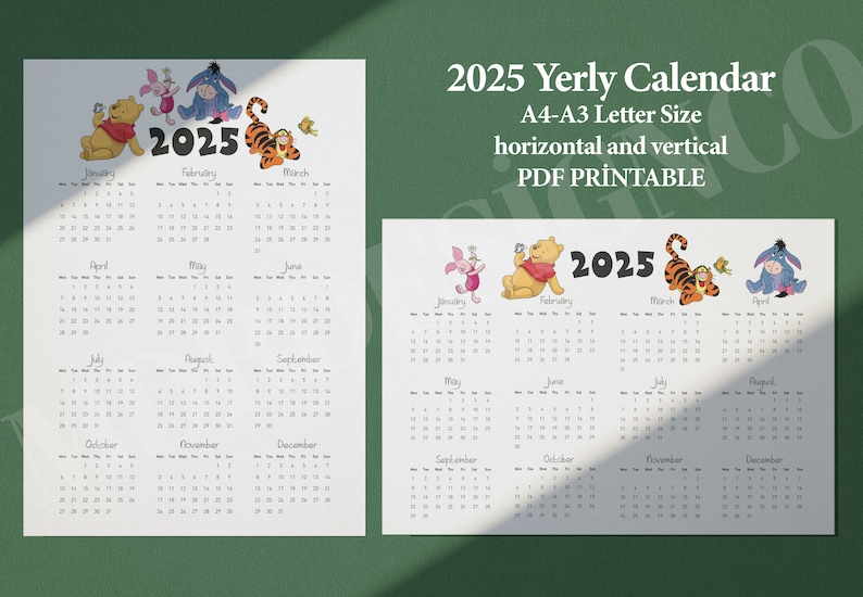 Winnie the Pooh, Digital, 2025 Calendar, Printable, Yearly Calendar Minimalist Calendar A3 A4