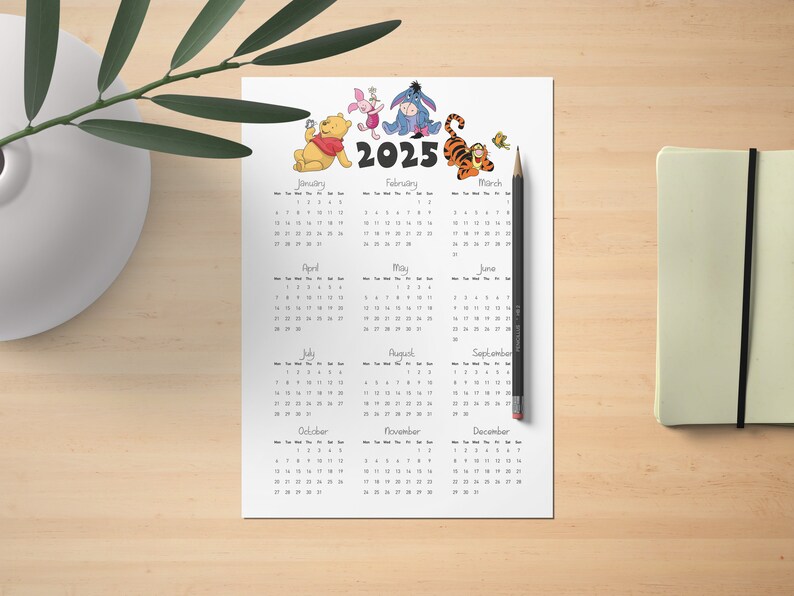 Winnie the Pooh, Digital, 2025 Calendar, Printable, Yearly Calendar