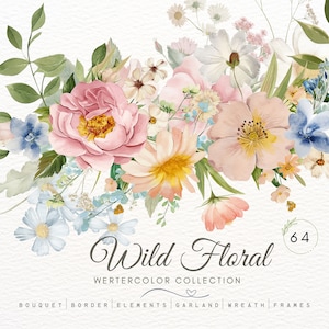Blush Floral Watercolor Clipart,Wild Floral Clipart,Watercolor Wild Flowers,Floral Borders,Spring Clipart,Wedding decor,Garden Flower,Card