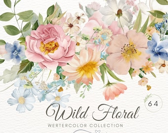 Blush Watercolor Floral Clipart: Wildflower PNG Bundle (Digital Download)