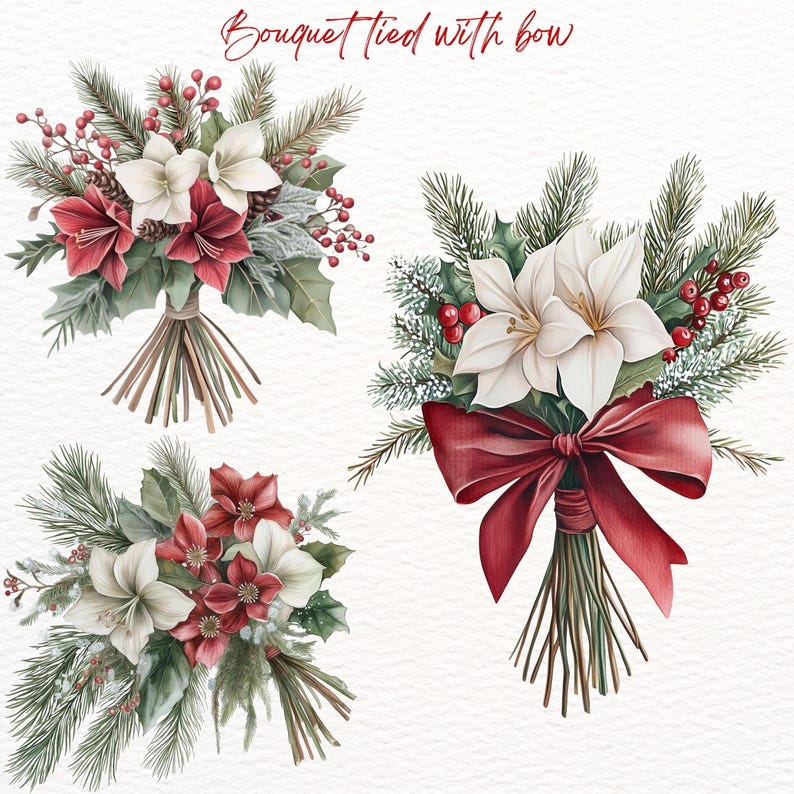 May include: Three watercolour illustrations of bouquets of white and red flowers with green leaves and red berries. The bouquets are tied with a red ribbon.