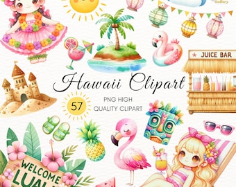 May include: Watercolor illustration of Hawaiian-themed clipart. Includes a girl in a hula outfit, a smiling sun, a tropical island, a flamingo, a juice bar, and the text "Hawaii Clipart". Also features a "Welcome Luau" sign and other tropical elements.