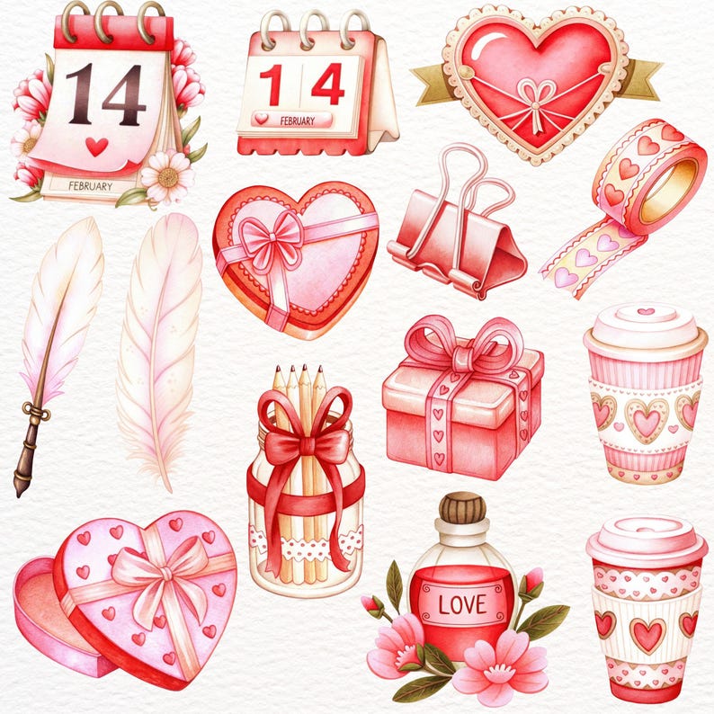 May include: Watercolor illustration of Valentine's Day themed items. Includes a calendar, heart-shaped boxes, gift boxes, coffee cups, pencils, feathers, and decorative tape, all in shades of red and pink.