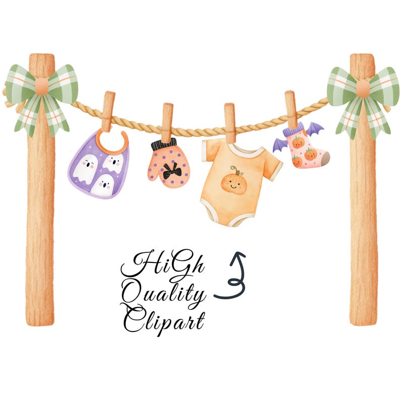 May include: Watercolor illustration of baby clothes and accessories hanging on a clothesline. Includes a bib, mittens, onesie, and a sock, all with Halloween-themed designs. The image is framed by wooden posts with green plaid bows. Text reads "High Quality Clipart."