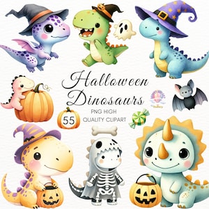 Watercolor Dinosaur Clipart,Halloween Dinosaurs Clipart,Spooky Dinos PNG,Cute Dino,Dinosaur Party,T rex,Baby Shower,Baby Boy,Nursery Decor