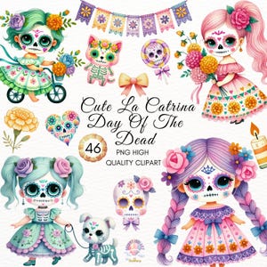 Cute La Catrina Day of the Dead Clipart,Dia De Los Muertos Clipart,Sugar Skull Clipart,Cute Mexican Doll PNG,Mexican Halloween bundle,Crafts